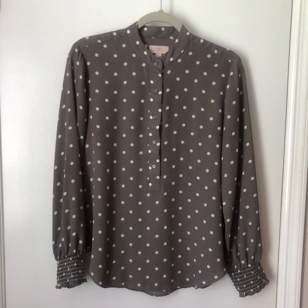 LOFT Polka Dot Blouse/Top Long Sleeve White Tan Size S